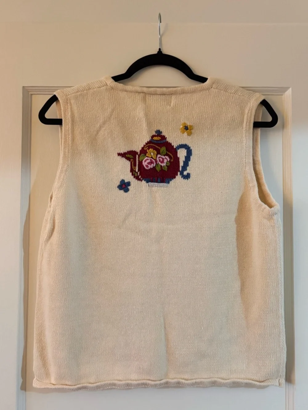Vintage The Quaker Factory Teacup Tea Party Hand Knit Sweater Vest Size Small - Picture 3 of 5